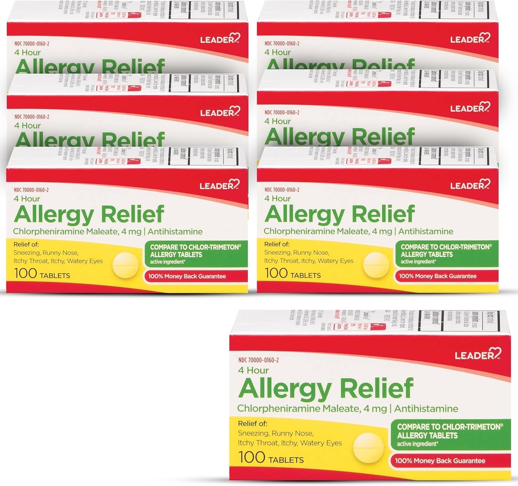 Leader 4 Hour Allergy Relief, Chlorpheniramine Maleate Tablets, Antihistamine, 4 mg, 100 count (Pack of 6)