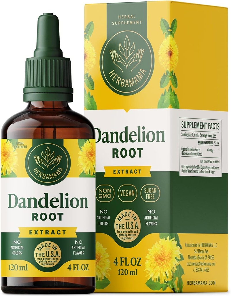 HERBAMAMA Dandelion Drops - Vegan Liver Cleanse med Dandelion Root Extract - Ikke-GMO, alkohol- og sukkerfri flytende lever støtte Supplement - 56 dagers forsyning