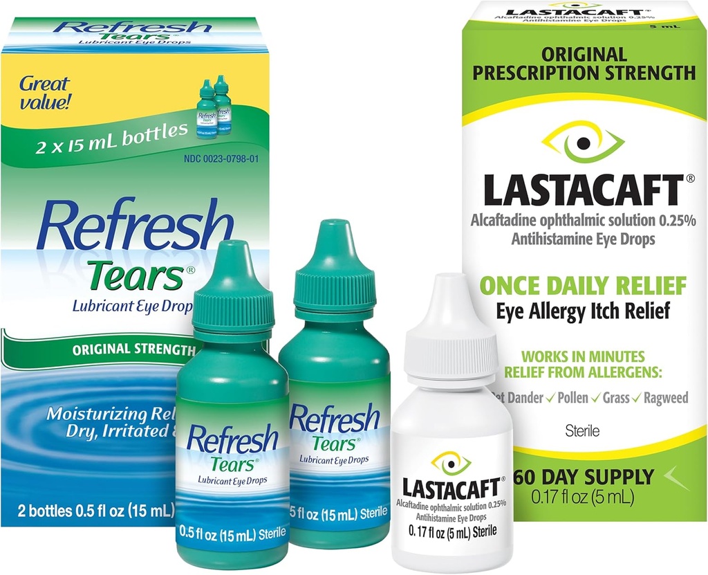 Bundle of Refresh Tears Lubricant Eye Drops, 2 Count (Pack of 1) + Lastacaft Eenmaal Daily Eye Allergie Itch Relief Drops, 60 Day Supply, 0,17 Fl Oz (Pack of 1)