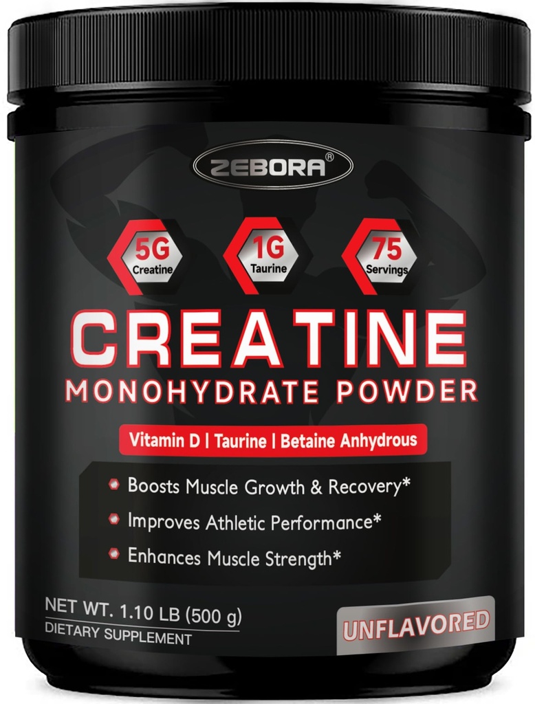 ZEBORA Micronized Creatine Monohydrate Powder, Creatine Monohydrate for Women-Men, Helps Muscle Recovery, Enhances Muscle Size & Strength with 5G Creatine and 1G Taurine, 75 Servings
