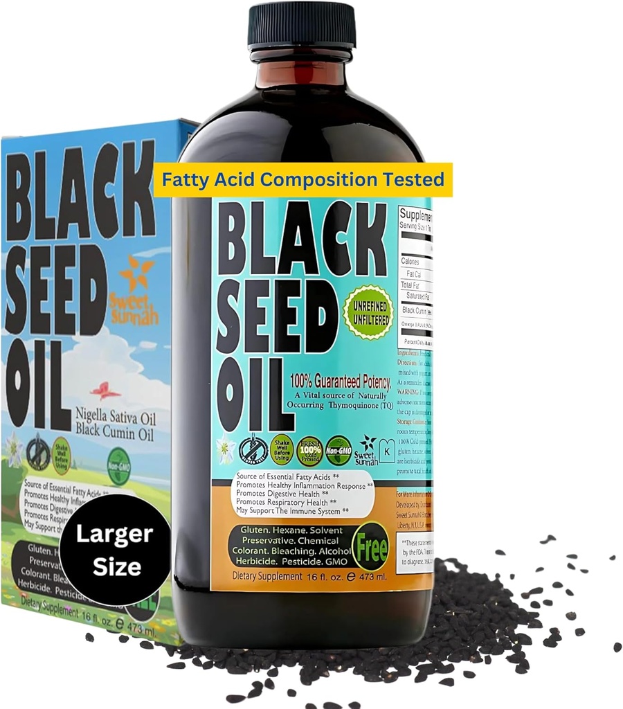 Premium Black Seed Oil Liquid 16 oz - Sugar Free 3 Month Supply Antioksydant Turecki Black Cumin Seed Oil - 3X Thymoquinone First Cold Press Vegan, Halal, Sweet Sunnah