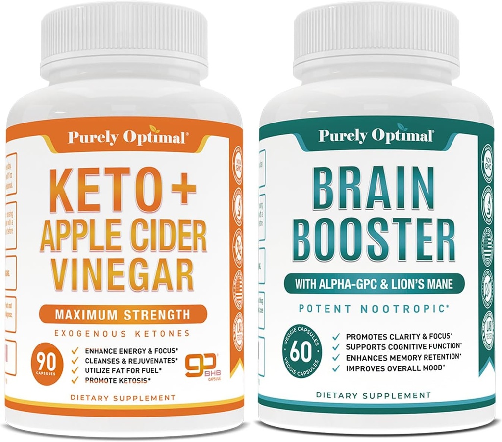 Purely Optimal Premium Keto Pills + Apple Cider Vinegar Capsules with Mother + Premium Brain Supplement - Focus, Clarity, Improved Memory, Concentration & Better Mood 용 Nootropic Brain Booster