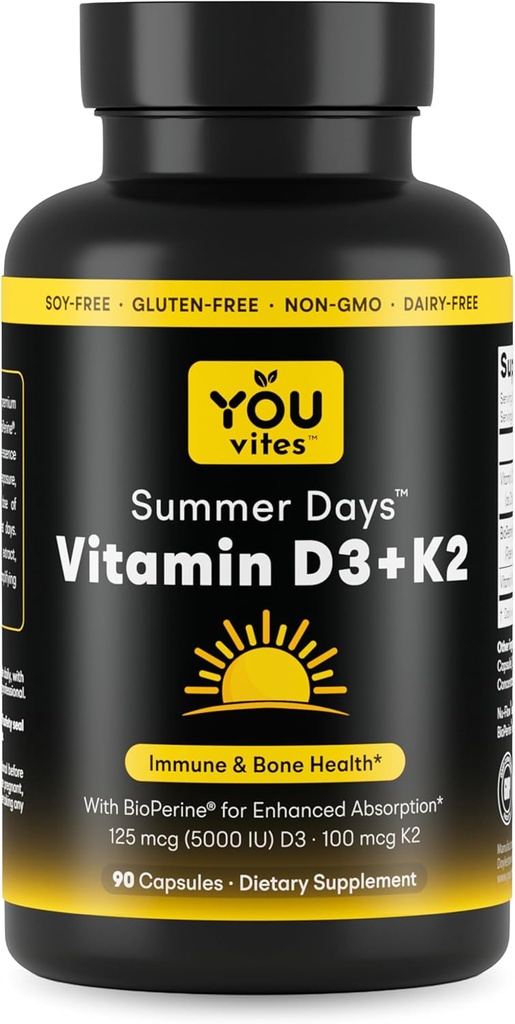Vitamin D3 + K2 - Max Absorption, 5000 IU D3 & 100 mcg K2 MK-7 (Menaquinone-7) with BioPerine - Bone, Heart & Immune Support - Non-GMO, Gluten Free, Soy Free - 90 Capsules - Daily Supplement