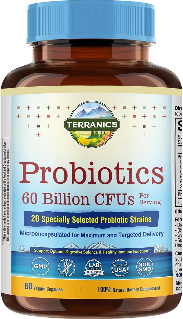 Terranics Probiotics 60 miliardi di CFU, 20 Strains, 60 Veg Capsule, Prebiotici & Probiotici, Shelf Stable Probiotic Supplement per Uomo & Donne, Salute Digestiva & Immune, Non OGM, NO Soia, Latticini & Gluten