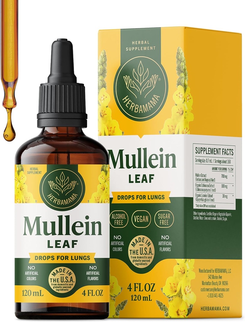 HERBAMAMA Mullein Drops for Lungs - Vegan Lung Cleanse dengan Ekstrak Daun Mullein, Echinacea Tincture & Licorice - Non-GMO, Alkohol & Sugar- Free Respiration Suratory Support Suplemen - 56- Day Supply