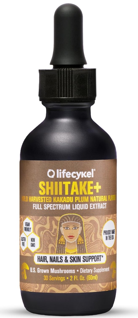 Lifecykel - Shiitake Mushroom Extract with Kakadu Plum- Hair, Skin & Nail Support, Anti Aging Supplement- 100% Organic Mushrooms, Immune Boosting, Vitamin C Made in The US- 2 Fl oz(Packaging May Vary)