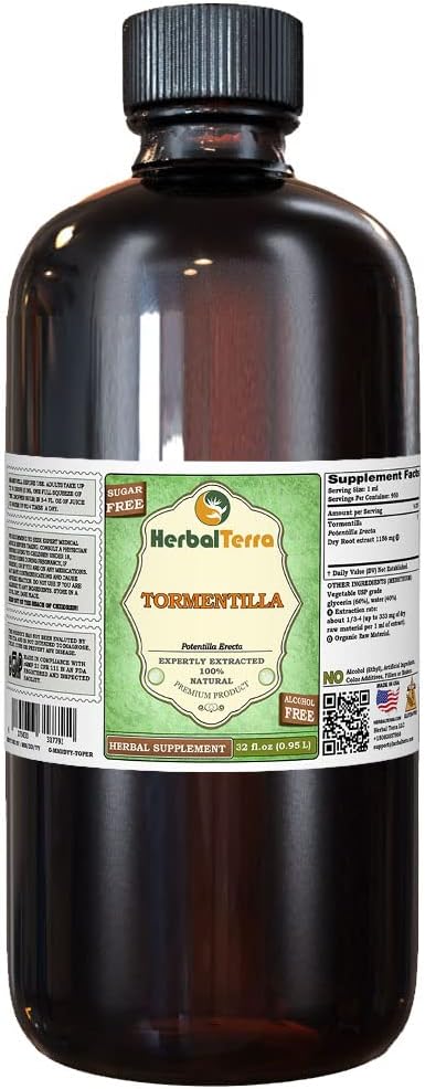 Tormentilla (Potentilla erecta) Glycerite, kıl Kökleri Alkol Özgür Sıvı Ekstraksiyon (Brand Name: HerbalTerra, Proudly Made in USA) 32 fl.oz (0.95 l)