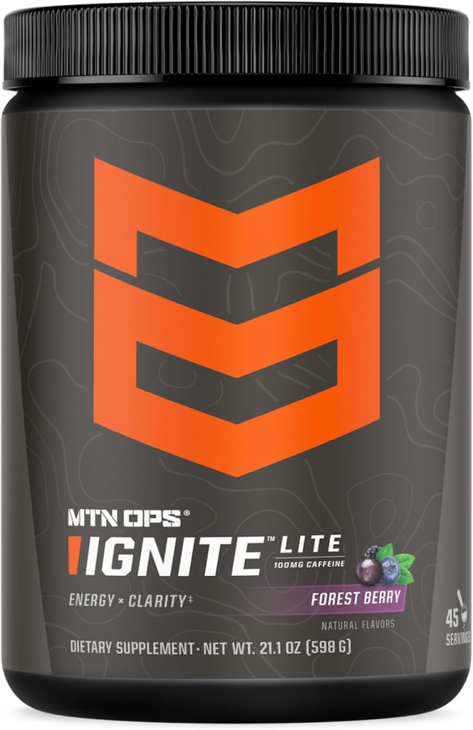MTN OPS Ignite Lite Energy Drink Powder Gluten Kostenlose Nitric Oxid Ergänzung Getränke Mix, L Arginin, L Citrulline, Koffein & Nootropic Zucker Free Drink Mix, 45 Servierungen, Waldbeere