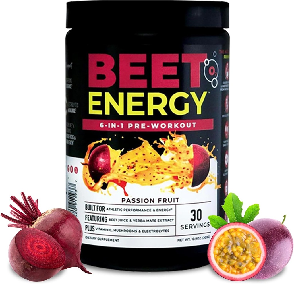Nutrologija Beet Energy O2, Pre Workout Powder, Energy, Endurance & Dutric Oxide Booster with Beet Powder, Yerba Mate, Adaptogeni & Elektroliti, Vegan Pred Workout, Passion Fruit Flavor, 30 Servings