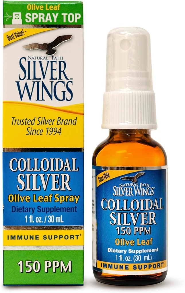 Natural Path Silver Wings Coloidine Silver 150ppm (750µg) w / Olive Leaf - Immune Spray priedas - 1oz Spray