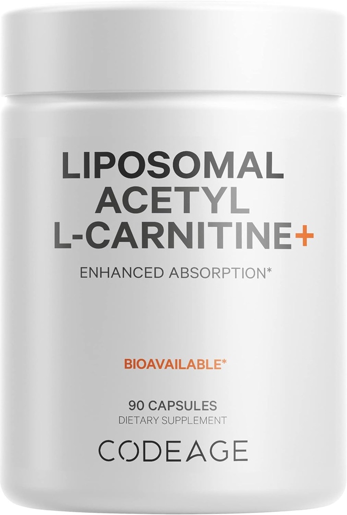 Codeage Lipomal Acetyl- L- Carnitine + Suplemen - 500 mg Acetyl- L- Carnitine per Serving - 3- Sen Supppply, Alpomal Supplemen - L-Carnitine - Non-GMO, Gluten- Free, 90 Capsules