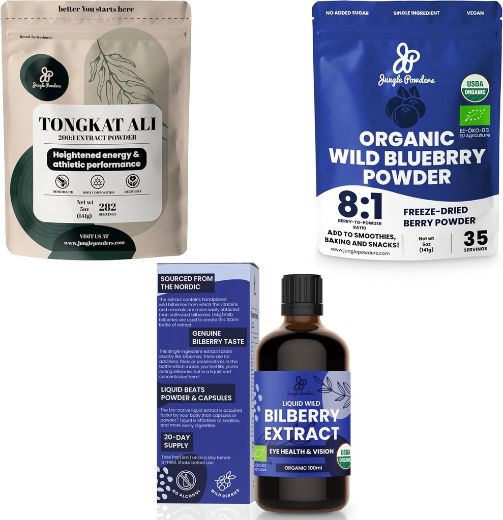Jungle Powders Ultimate Men's Health & Wellness Bundle: 5oz Tongkat Ali Powder, 5oz Wild Blueberry Powder & 3.4oz Organic Bilberry Liquid Extract - Premium täydentää ajaa, intohimo, silmät näkö