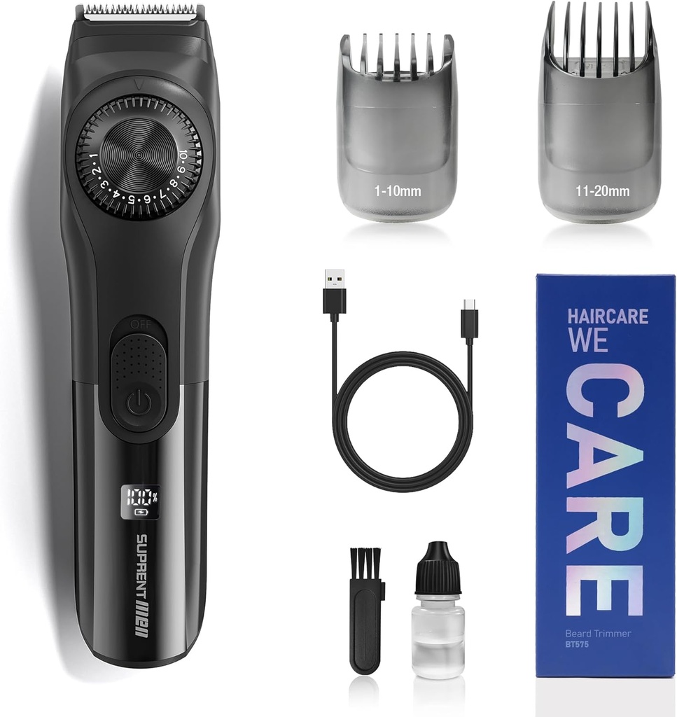 SUPRENT Adjustable Beard Trimmer för män, Cordless Electric Beard Trimmer med Precision Dial, USB Rechargeable 19 Length Settings Mustache Trimmer för Mens Gifts (Black)