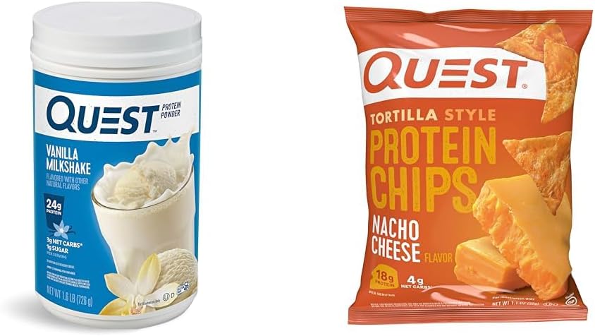 Quest Vanilla Milkshake Protein Pulveris, 24g Olbaltumvielas, 1.6lb + Quest Nacho Siers Tortilla Style Protein Chips, 18g Protein, iepakojumā 12