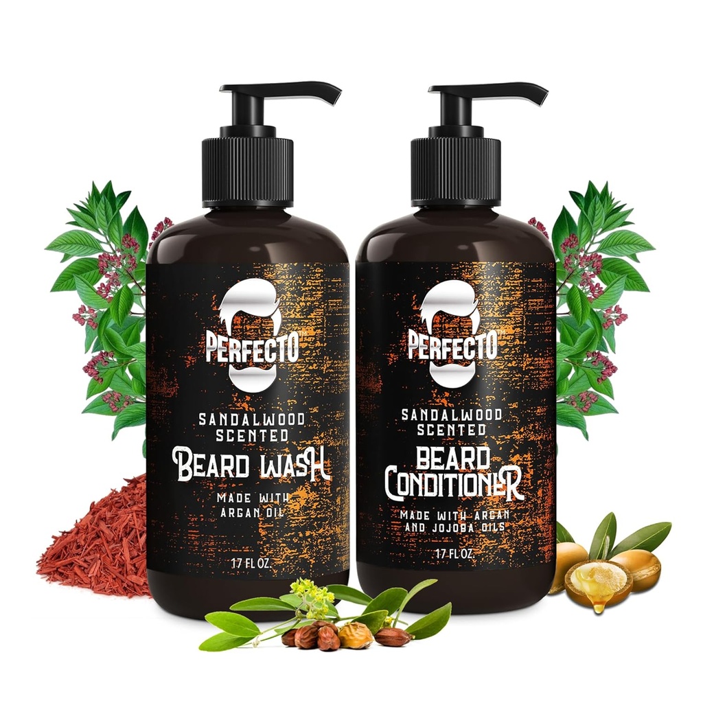 Perfecto Beard Wash & Beard Conditioner Conjunto com Óleos de Argan e Jojoba - Fortalece e suaviza - Natural Sandalwood Scent