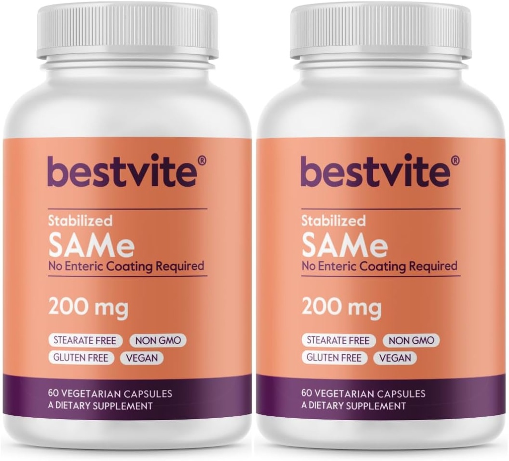 BESTVITE SAM-e 200mg 稳定化(120个蔬菜卡普尔) (60 x 2) - 容易吞咽卡普尔形式 - 不需要进化的焦炭 - 不需要进化的焦炭 - 没有填料 - 维根 - 非转基因 - Gluten Free