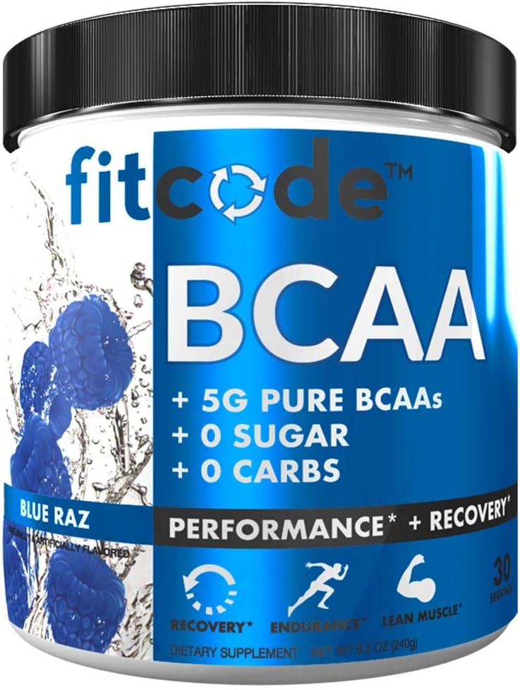 Proven 2 ilə Pure BCAAs ilə 5G ilə Fitcode Ultra Premium BCAAs: 1:1 Dəstəyə Yardım etmək üçün Amino Acids Oranları, Muscle Lean Growth, Endurance, 30 Xidmət (Blue Raz)