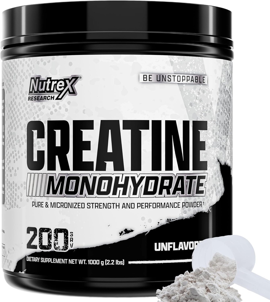 Nutrex Research Micronized Creatine Monohydrate Powder - 200 Servings (1KG) Pure, Unflavored Creatine Monohydrate Supplement for Muscle Gain, Strength and Performance, 5G Per Serv (2.2lbs)