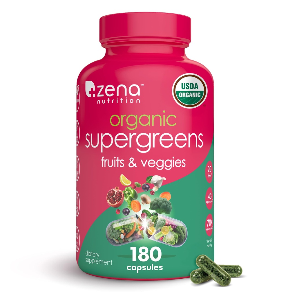 Zena Nutrition Organic Super Greens Fruit & Veggies Supplement, 70+ Superfoods from Fruit & Vegetables, Spirulina, Chlorella, Prebiotics & Probiotics, Digestive Enzymes for Gut Health, 180 Capsules