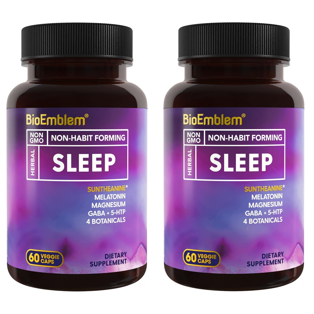 BioEmblem Natural Sleep Aid for Adults with Melatonin, Valerian Root, Suntheanine & More | Healthy Sleep Supplement | Herbal Sleeping Pills | 60 Capsules, 2 Pack