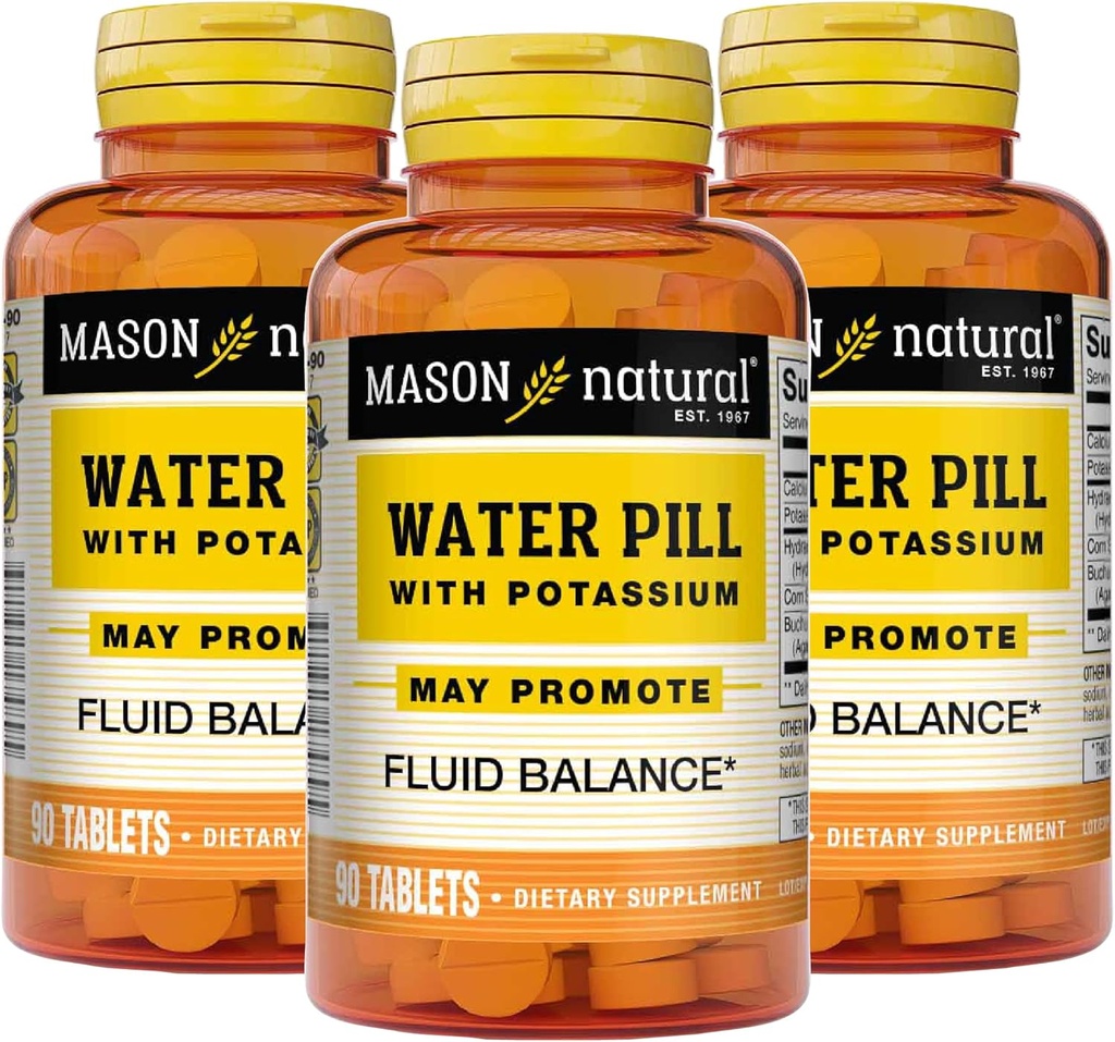 Mason Natural Water Pill với Potassium và Calcium - hỗ trợ Fluid, giúp Relieve Bloating và Swelling, bổ sung tự nhiên Diuretic, 90 bàn (Pack of 3)