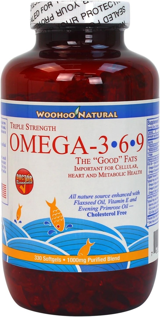 Woohoo Natural Triple Strength Colesterol Free Omega 3 6 9 Fish Oil Formla 330 Softgels (1)