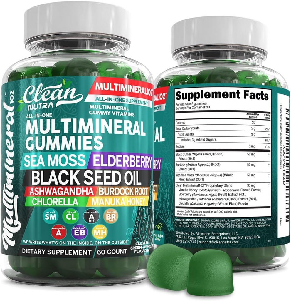 Sea Moss Gummies | Klinisch getestet - Schwarz Seed Öl Ashwagandha Elderberry Burdock Root Chlorella Manuka Honey - Vegan Irish Sea Moss Gummy Vitamine für Erwachsene Kinder Männer Frauen - Grüne Apfel Geschmack