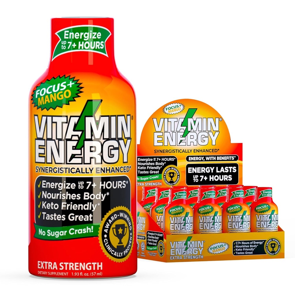 Витамин Енергиен Focus+ Extra Strength Energy Shot Mango 12 Pack, 260mg Natural Cafeine, B-Vitamins, CoQ10, Аминокиселини, Focus, Производителност и чистота, Zero Sugar, Gluten-Free, 1.93 fl oz