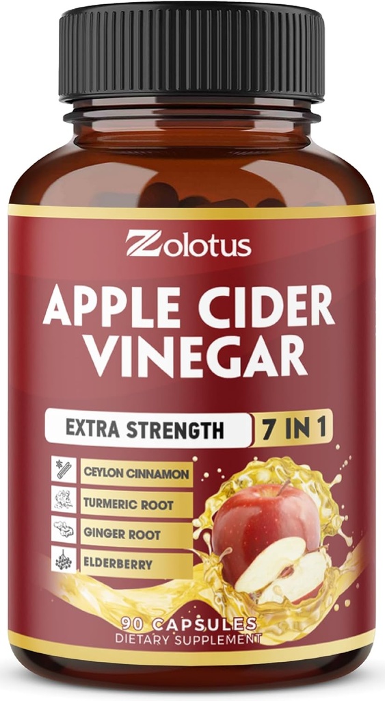 Zolotus 7 in 1 Apple Cider Active Capsules, 3 mėnesių tiekimas su Ceilonas Cinnamon, imbiero šaknis, Turmeric, Elderberry Support Digestion, Immunum, 90 Capsules