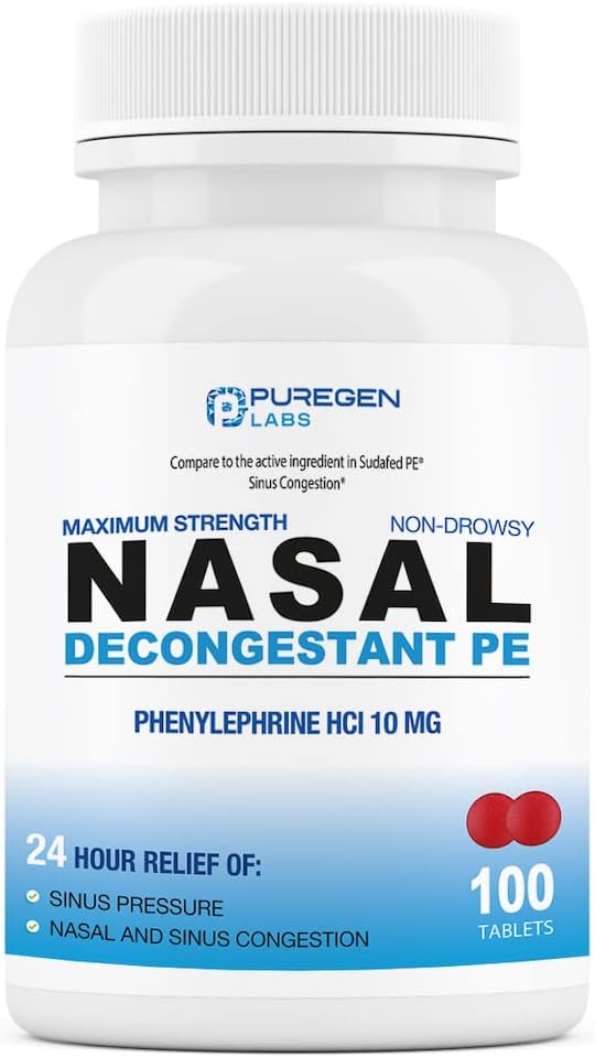 Puregen Labs Nasal Decestant PE 100 טבליות | Phenylephrine HCl 10 מ"ג Tablet | כוח מקסימלי | Non Drowsy Nasal & Sinus Community Relief בשל קר או אלרגיות (1)