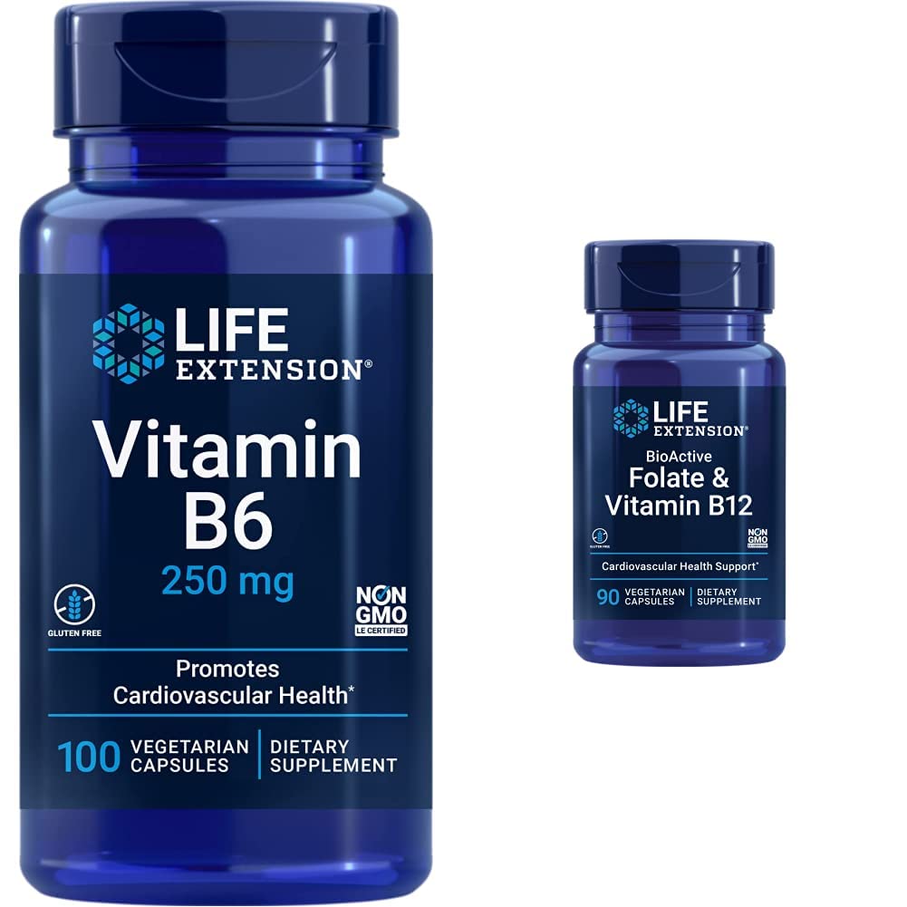 Life Extension Vitamin B6 250 mg, 100 Vegetarian Capsules & Folate & Vitamin B12, Vegetarian Capsules, White, 90 Count
