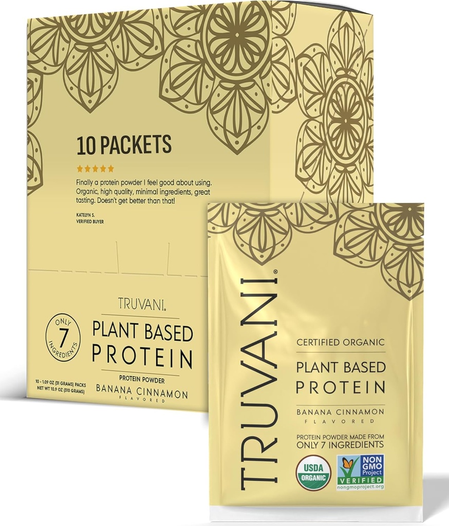 Truvani Vegan Powder Protéines de pois Banane Cinnamon 20g Protéines organiques à base de plantes Packets de voyage de service unique de 10 portions