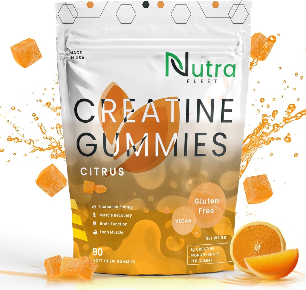 Creatine Monohydrate Gummies - 5g chewable Monohydrate gummy for Men & Women - Increase Strength, Muscle builder - Boosts Energy & Focus - Low calorie, Vegan & Gluten free | 90 count Citrus