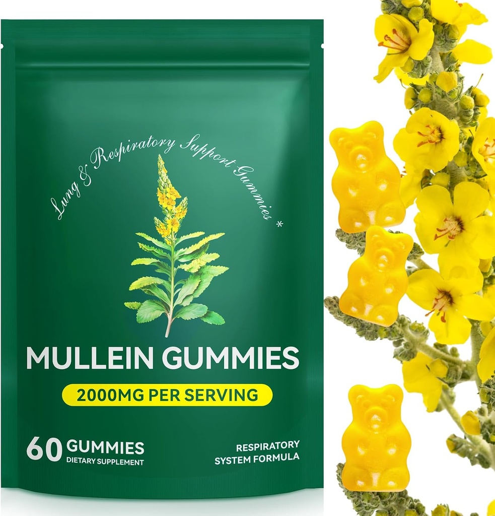 Mullein Gummies za Lung Detox, 2000mg Mullein Leaf Extract za dihala in prebavne in imunske podpore, Organski Mullein Herb Supplement za sluz Relief za dihala, Imune, Vegan 60 Gummies
