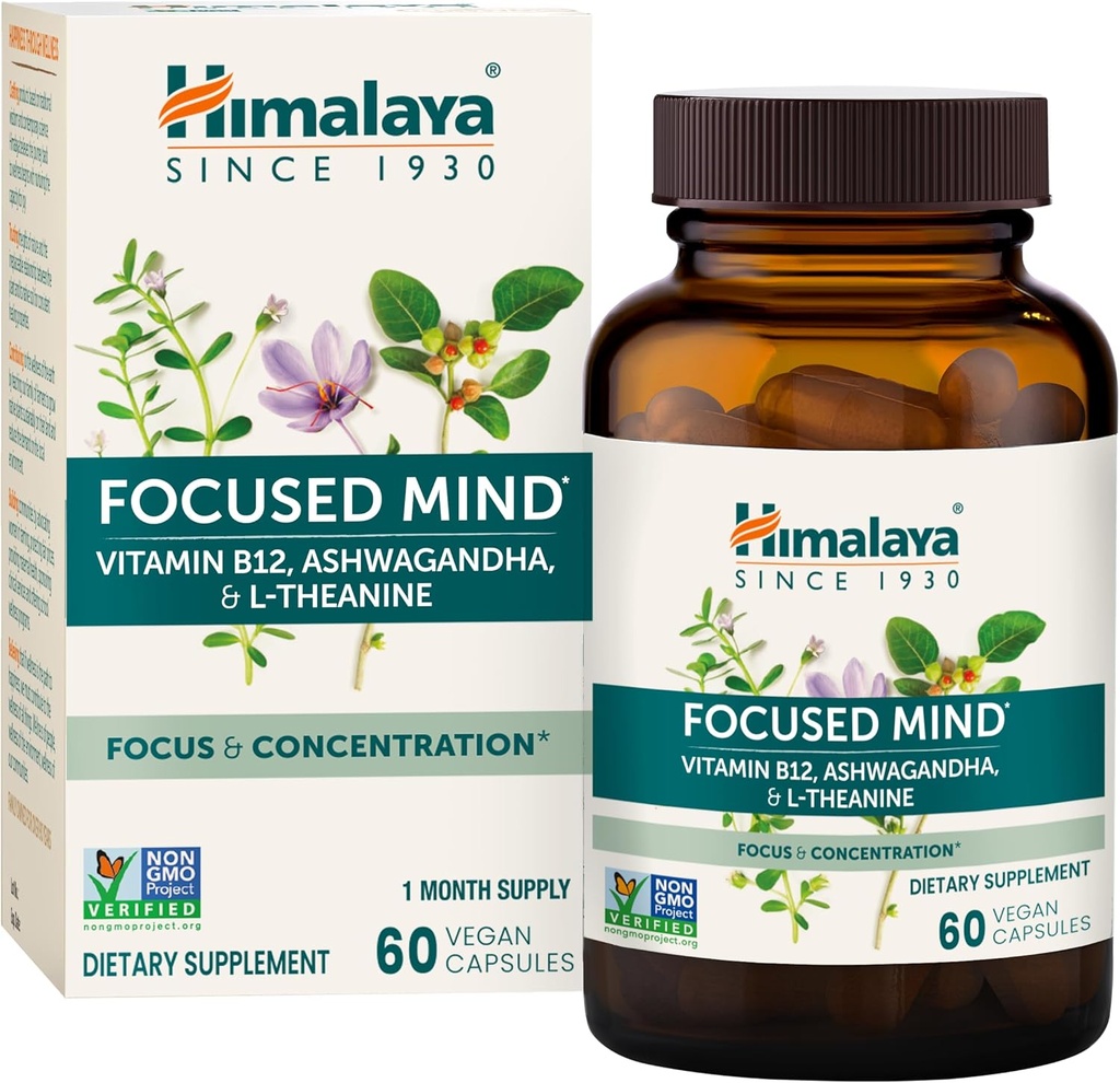Himalaya Concentrado Mente com Ashwagandha, Bacopa & L-Teanina para Foco, Energia e Atenção, 60 Cápsulas, 1 Mês de Abastecimento, Vegan, Glúten Grátis