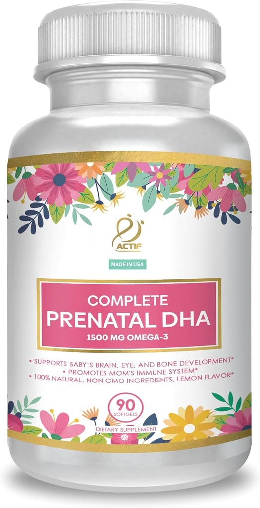 ACTIF השלם Prenatal DHA עם 1500 מ"ג אומגה 3, 100% טבעי, אורגני DHA, EPA - Non-GMO, 90 Count