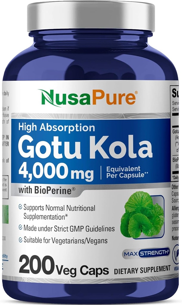 NusaPure Gotu Kola Capsules 20:1 Extract, 200 mg Equivalent till 4000mg Per Veggie Caps, 200 Count, Non-GMO, Vegan, Bioperine - Traditionell Herb Extract