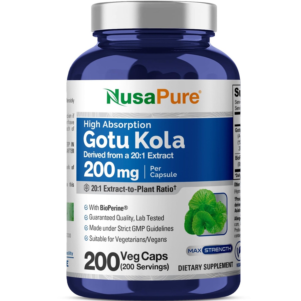 NusaPure Gotu Kola Capsules, 200 mg, 200 Veg Capsules (Non-GMO, Vegan)