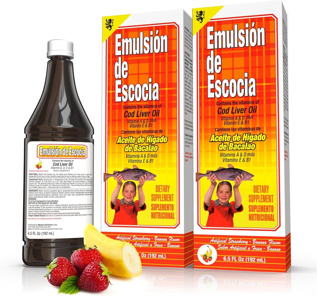 Emulsión de Escocia cod dầu lửa dung dịch với chất béo A, D, E & B1 - dầu cá tự nhiên 3 cho trẻ em và người lớn - mâm xôi chuối chuối thơm - 6.5 o (2-Pack)