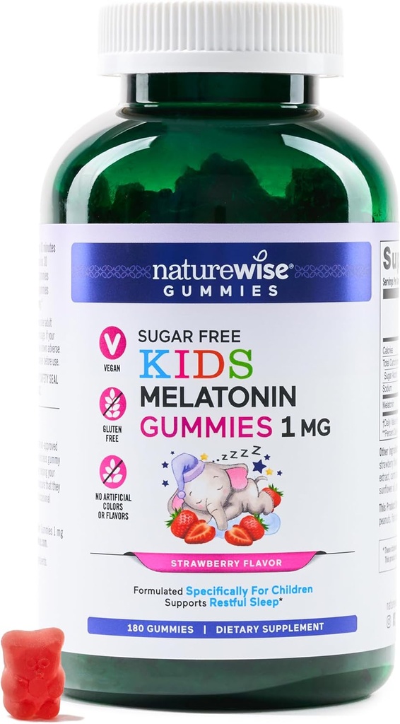 NatureWise Kids Melatonin 1 мг Sugar-Free Gummies для дітей вік 4 & Up - Non-Habit Forming Sleep Aid - Strawberry Flavored - Vegan, No Глютен, Non-GMO - 180 Count[6-Month Supply]