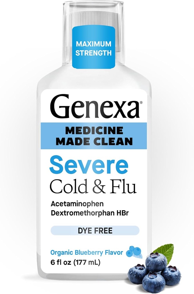 Genxa Clean Cold & Flu Yardım, Dye Free, 0% Alüminium, Body Ağrısı, Cough, Cold və Flu, Baş ağrısı, Fever, Göstərici, Organic Blueberry Flavor, 6 fl oz