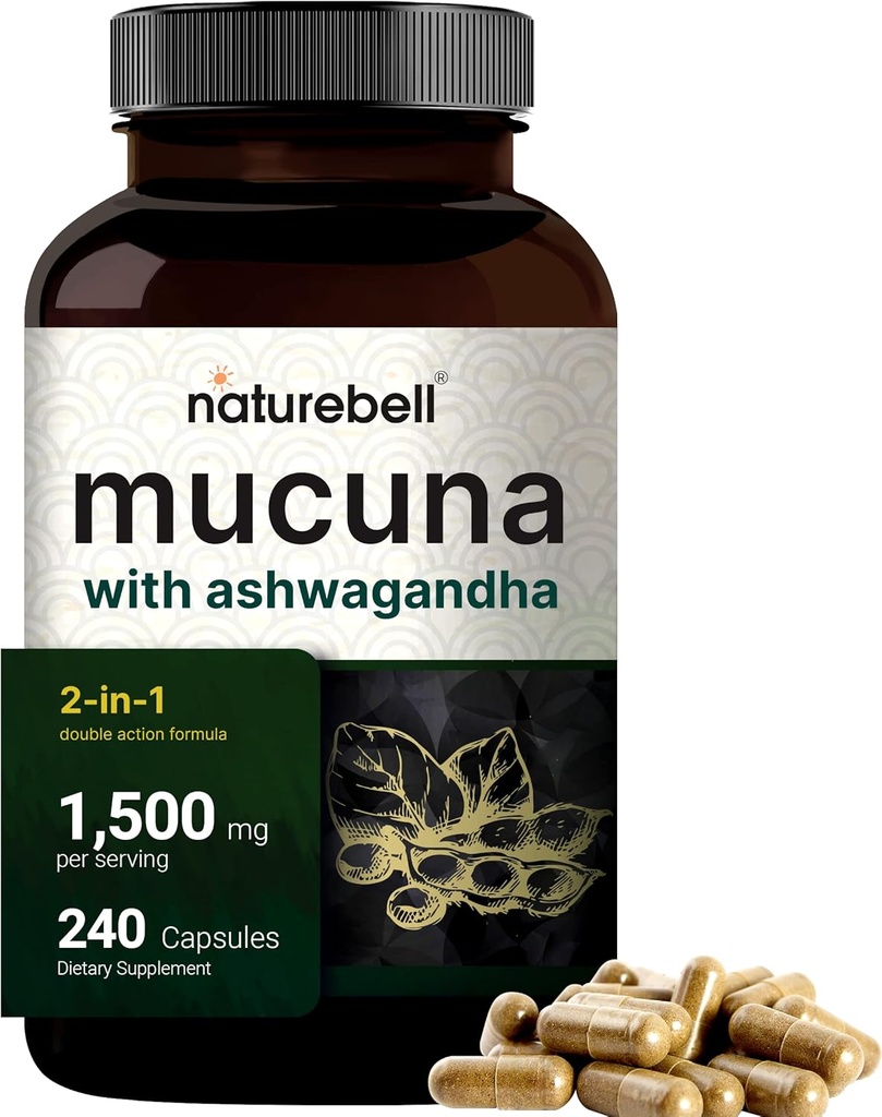 Mucuna Pruriens капсули, Triple Strength 1500mg Per Serving, 2 in 1 Формула, Made with Mucuna and Ashwagandha, 240 капсули, Potent Seed Extract, Положително настроение, Релаксация и поддръжка