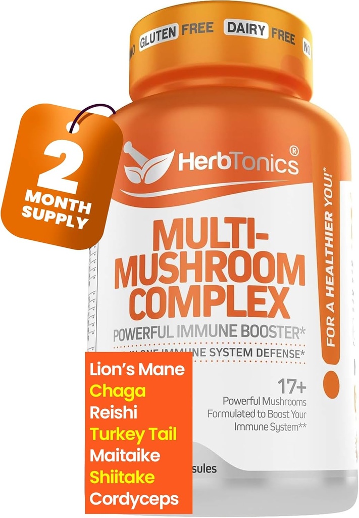 Herbtonics All-in-One Mushroom Supplement for Immune System Support | Nootropic Brain Support Supplement with Lion's Mane, Cordyceps, Reishi | Güçlü Mushroom Kompleksi | 120 Vegan Capsules