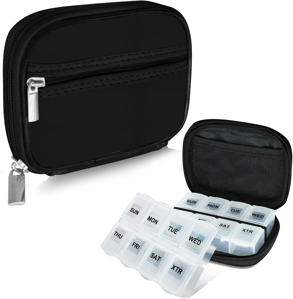 Serfeymi Savaitės kelionės pilys Organizatorius pill Case Purse su nuimama 7 dienų pil Box, Fashionable Travel Medicine Organizatorius pil Container for Medicine, Vitaminas, Priedas - Juoda 01 + pill Box