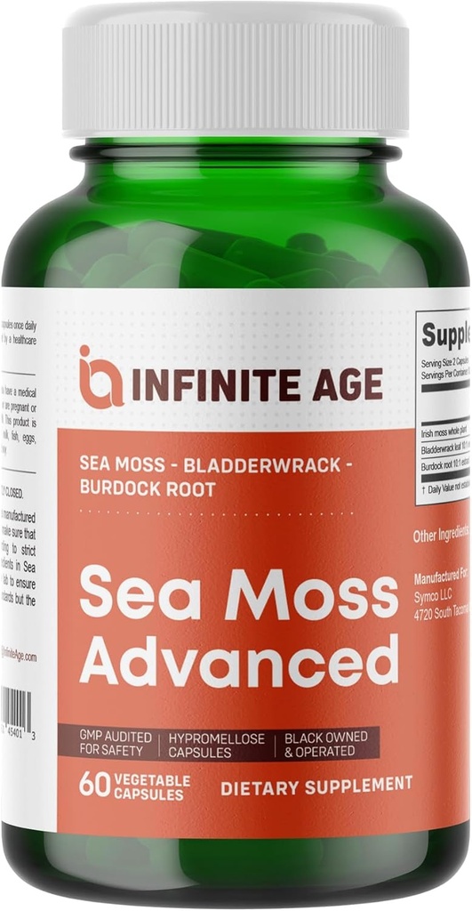 INFINITE AGE 1250mg Sea Moss Advanced Superfood kapsule, 60 Count - High-Potency, Vegan, Made in The ZDA - Irish Seamoss, Bladderwrack, Burdock Root - Splošno zdravje, Podpora imunitete