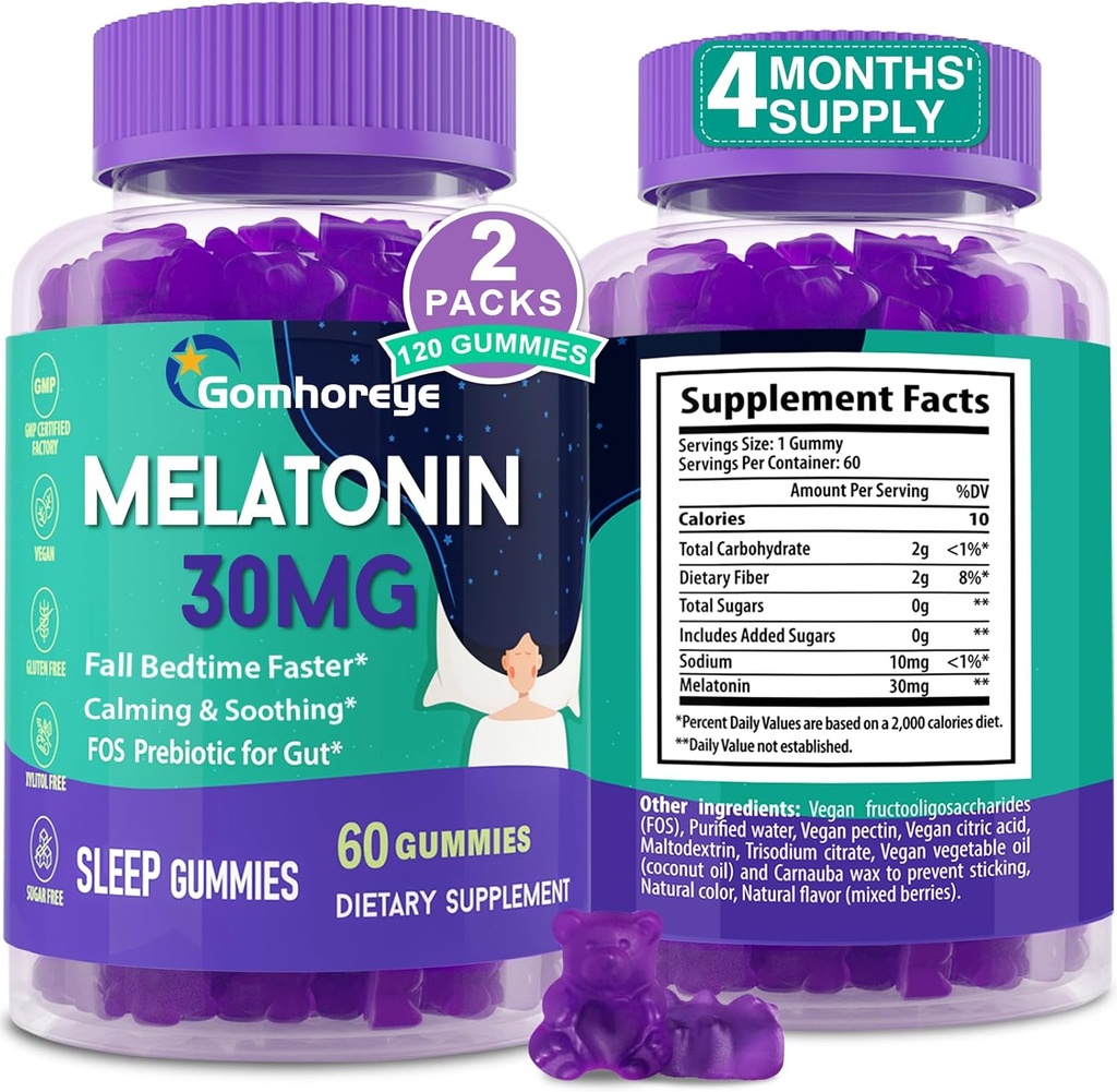 Melatonín Gummies 30 mg pre dospelých - Maximálna sila Melatonínové Gummy pre Relaxáciu a upokojujúce, exogénne Melatonínové doplnky s FOS pre imunitné, Gut zdravie a pH rovnováhu, bez cukru -120 Počet