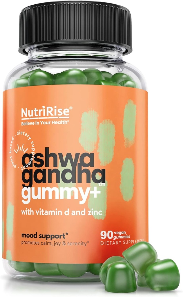 Nutririse de alta potência Ashwagandha Gummies com vitamina D, Zinco, Suporta Relaxamento Natural, Sono e Imunidade, Espinafre em pó Superalimento, 30:1 Extrato concentrado de raiz Equivalente a 2250 mg, 90 contagem