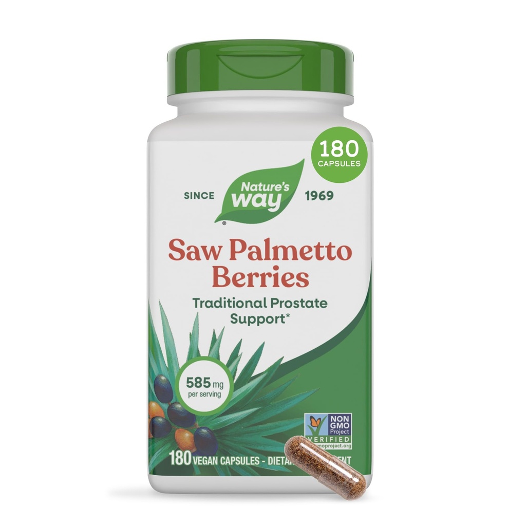 Nature's Way Saw Palmetto Berries, Traditional Prostate Support*, 585 mg per serving, Non-GMO Project Verified, Vegan, 180 Capsules