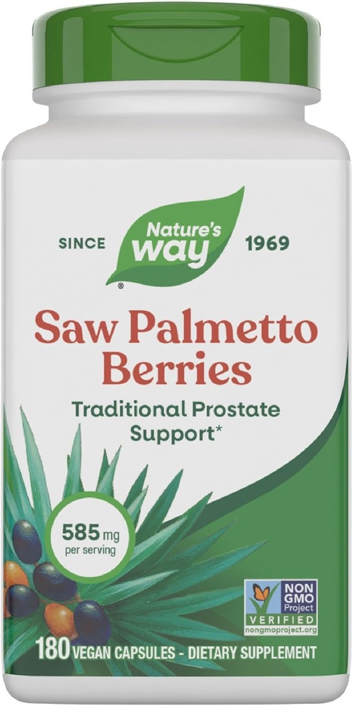 Nature's Way Saw Palmetto Berrys, Traditional Prostate Support*, 585 mg per portie, Non-GMO Project Verified, Vegan, 180 Capsules