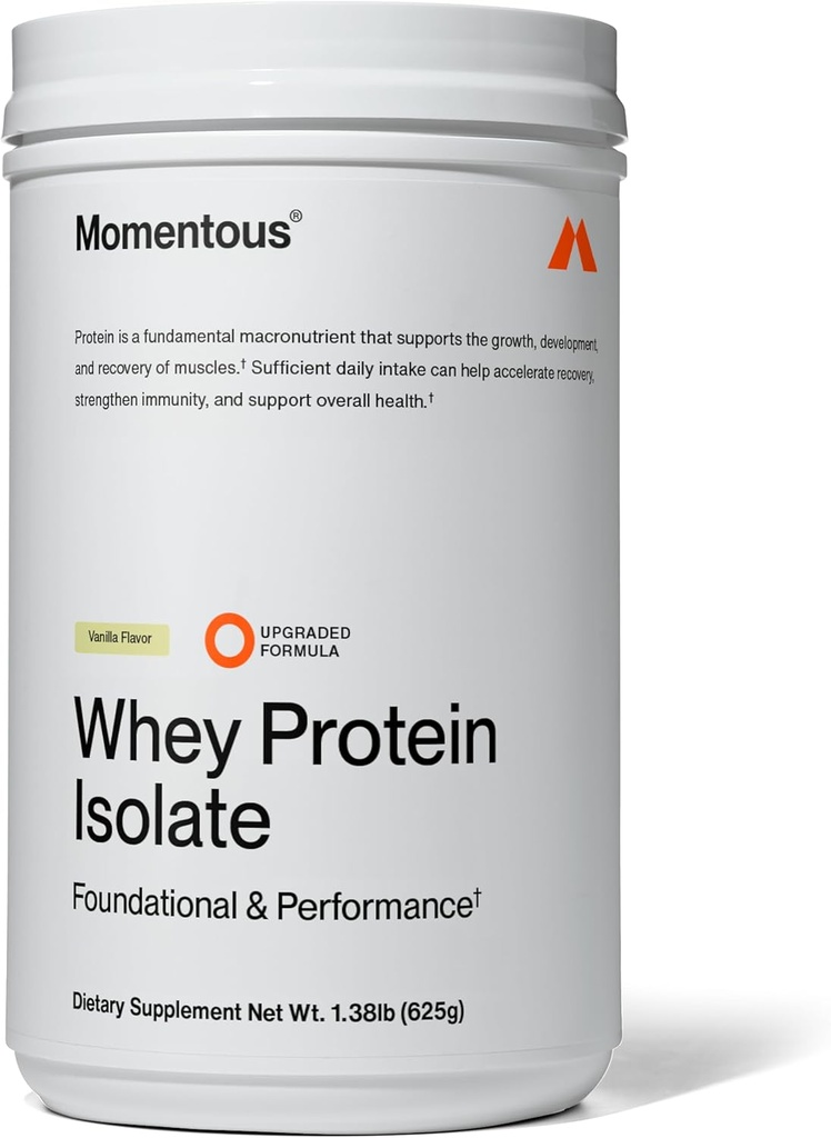 Momentous Essential Grass-Fed Whey Protein Powder - 20 g Whey Isolate Protein - NSF Certificato per lo sport - Gluten-Free - 24 Serve per l'uso quotidiano essenziale - Vanilla - Pacchetto May Vary